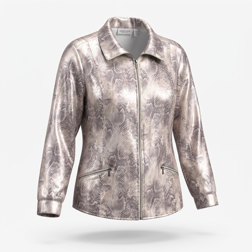 Weekends by Chico's Satin Snakeskin Jacket 3 XL Silver Metallic Zip Up Edgy Chic